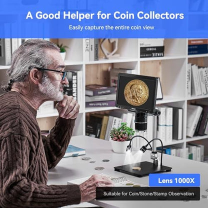 TOMLOV TriL110 3-Lens Digital Microscope: 10.1" 2500X 2K HDMI Coin Microscope Magnifier for Whole Coins with IPS Screen, LCD Soldering Microscopes for Adults, 14 LED Lights, PC/TV Compatible, 64GB