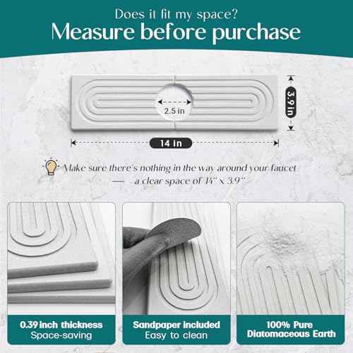 Diatomite Kitchen Faucet Mat - 14Inch Water Absorbing Stone Tray for Sink, Stone Fast-Drying Faucet Mat for Kitchen Counter Sink Accessories [Light Grey, 14'' x 3.9'']