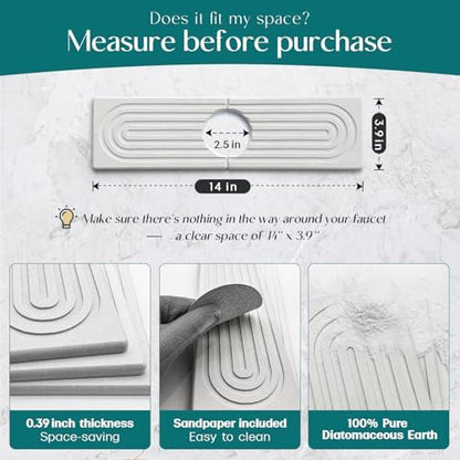 Diatomite Kitchen Faucet Mat - 14Inch Water Absorbing Stone Tray for Sink, Stone Fast-Drying Faucet Mat for Kitchen Counter Sink Accessories [Light Grey, 14'' x 3.9'']