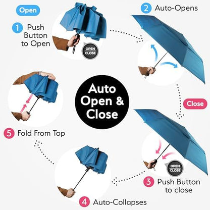 TUMELLA Strongest Windproof Travel Umbrella (Compact, Superior & Beautiful), Small Strong but Light Portable and Automatic Folding Rain Umbrella, Durable Premium Grip, Fits Car & Backpack