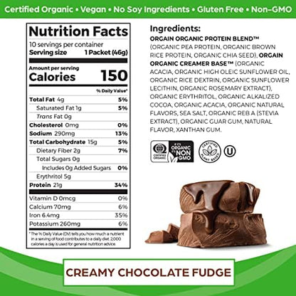 Orgain Organic Vegan Protein Powder, Creamy Chocolate Fudge - 21g Plant Protein, 6g Prebiotic Fiber, Low Carb, No Lactose Ingredients, No Added Sugar, Non-GMO, For Shakes & Smoothies, 10 Travel Packs