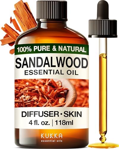 Kukka Sandalwood Essential Oil for Diffuser & Skin - 4 Fl Oz - 100% Pure Natural Sandalwood Oil, Woody Scent, for Massage, Perfume, Hair, Aromatherapy, Candle & Soap Making Scent DIY