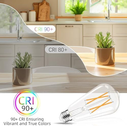 LED Edison Bulbs Dimmable, E26 Bulb 60 watt Equivalent, Soft White 2700K, ST58 Vintage Light Bulbs, 90+ CRI, 6W 600LM, E26 Medium Base, Clear Glass, 10 Pack