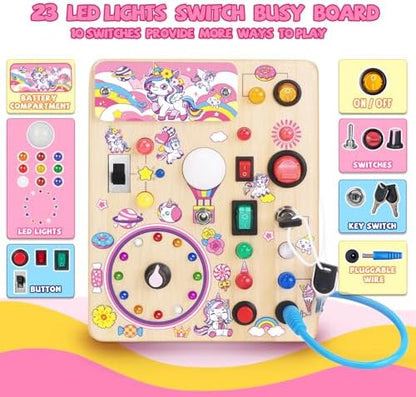 Unicorn Busy Board, Montessori Wooden Toddler Toys, Sensory Travel Toys, Ideal Gift for 1+ Year Old Girls (Unicorn Busy Board Plus V2)