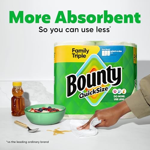 Bounty Quick-Size Paper Towels, White, 12 Family Triple Rolls = 40 Regular Rolls