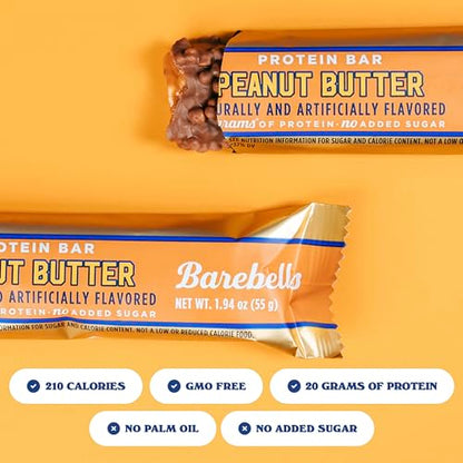 Barebells Protein Bars Peanut Butter - 12 Count, 20g High Protein Treats - Chocolate Nutrition Bar with 1g Total Sugars - On-The-Go Breakfast or Post-Workout Snack