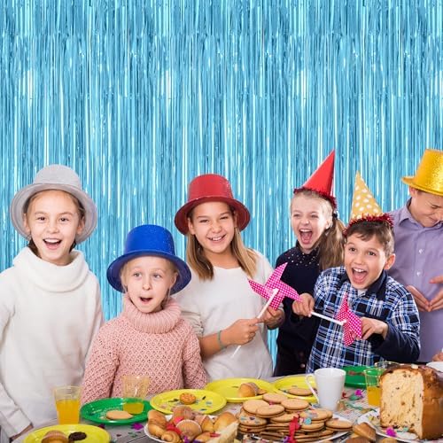 4 Pack Party Decorations, 3.28 FT x 7.05 FT Blue Foil Streamers, Metallic Sky Blue Backdrop Fringe Curtains Bithday Back Drop, Winter Backdrop for Party Supplies Door Decor Hanging