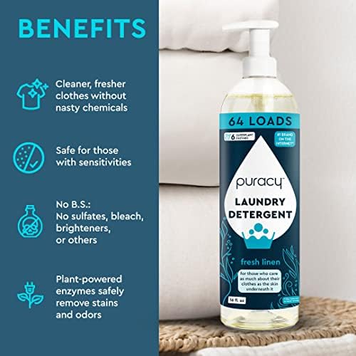 Puracy Laundry Detergent - Enzyme-Powered Liquid Laundry Detergent Concentrate, Natural Laundry Detergent Seen on TikTok, Non-Toxic (Fresh Linen, 16 fl oz, 64 Loads)