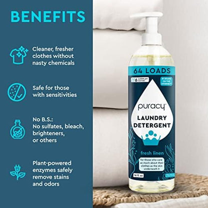 Puracy Laundry Detergent - Enzyme-Powered Liquid Laundry Detergent Concentrate, Natural Laundry Detergent Seen on TikTok, Non-Toxic (Fresh Linen, 16 fl oz, 64 Loads)
