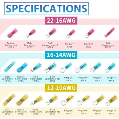 180Pcs Heat Shrink Wire Connectors Kit - Waterproof Marine Automotive Battery Electrical Crimp Terminals Set, Ring Fork Spade Butt Splices