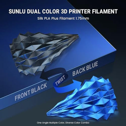 SUNLU Silk Dual Color Pla Filament, Silk PLA 3D Printer Filament 1.75mm, Shiny Silk Texture, Dimensional Accuracy +/- 0.02mm, 1KG Spool (2.2 lbs), PLA Silk Dual Color (Black Blue)