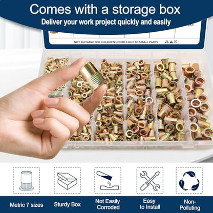 Metric Rivet Nut Assortment Kit(890 Pcs), M3 M4 M5 M6 M8 M10 M12 Flat Head Rivnut Set, Zinc Plated Finish Carbon Steel Nutsert