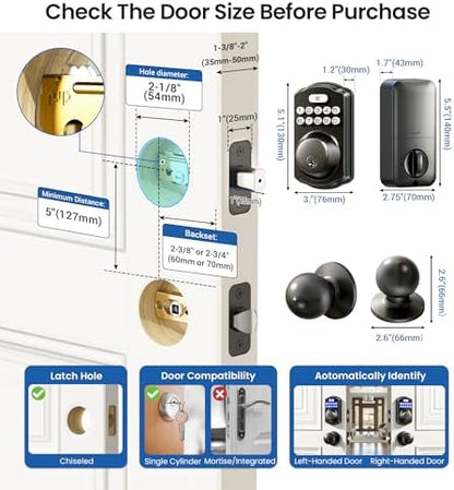 Veise Keyless Entry Door Lock with 2 Knobs, Electronic Backlit Keypad Deadbolt with Handle Set, Auto Lock, One-time Codes, Smart Deadbolt for Front Door, Easy Installation, Matte Black