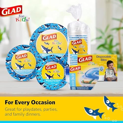 Glad for Kids Shark Paper Disposable Bibs with Crumb Catcher for Feeding - Absorbent and Leakproof Eating and Travel Must Haves for Mess-Free Meals, 30 Count - 24 Pack