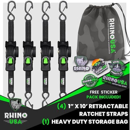 Rhino USA Retractable Ratchet Straps (4-Pack) - 1 Inch x 10 Feet (1,209lb Break Strength) - Heavy Duty Auto Self Retracting Tie Down Straps for Truck, Cargo Trailer, Motorcycle, Rad & More - Black