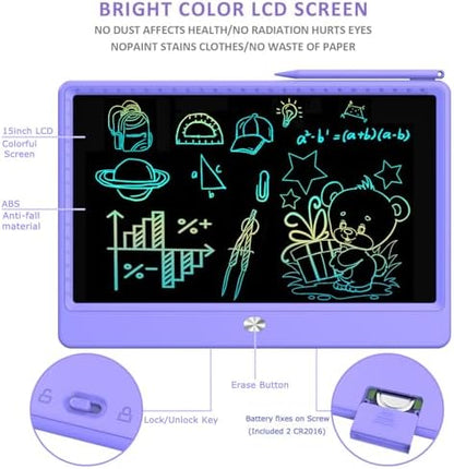 FLUESTON LCD Writing Tablet, Doodle Board Toys Gifts for 3-8 Year Old Girls Boys, 12 Inch Colorful Electronic Board Drawing Pad for Kids, Gifts for Toddler Educational Learning Travel Birthday, Purple
