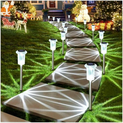 DenicMic Solar Lights Outdoor 10 Pack Waterproof 6000K Cold White LED Stainless Steel Stake for Pathway Yard Garden Driveway Solar Powered Outside Decor