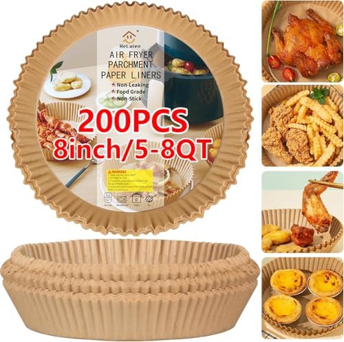 Air Fryer Liners Disposable, 200PCS Non-stick Oil Resistant Air Fryer Parchment Paper Liners, 8 Inch Air Fryer Liners, Round Airfryer Liners for 5-8QT Air fryer, Baking, Roasting Microwave