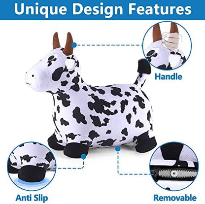 iPlay, iLearn Bouncy Pals Hopping Cow Horse, Toddler Girl Boy Inflatable Bouncing Animal Hopper Toy, Outdoor Indoor Plush Ride on Bouncer, Baby Birthday Gift 18 Month 2 3 4 Year Old Kid - Cow