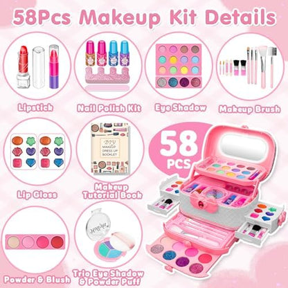 58Pcs Kids Makeup Kit for Girl - Real Washable Cosmetic Set with Light Up Mirror - Kids Makeup Sets for Girls -Play Make Up Birthday for Age 3 4 5 6 7 8 9 10 11 12 Years Old Kid -Pink