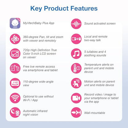 VTech Upgraded Smart WiFi Baby Monitor, 1080p FHD Camera and 5" HD IPS Display, Free App with Motion Video, Sound/Motion Detection and Notifications, Fully Remote Pan-Tilt-Zoom: VM901