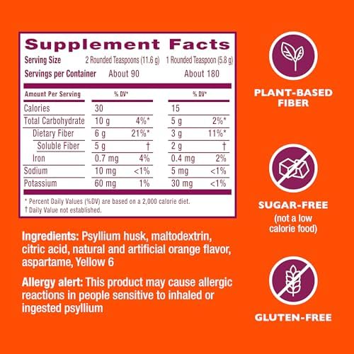 Metamucil 4-in-1 Daily Fiber Supplement, Psyllium Husk Powder for Digestive Health, Sugar-Free Fiber Supplement, Orange, Naturally Sourced Psyllium Husk Powder, 180 teaspoons