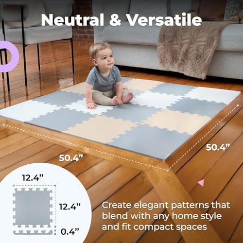 MioTetto Foam Floor Tiles for Kids - Non-Toxic Comfortable Baby Play Mat and Interlocking Foam Tiles, Fits with 50x50 Playpen Mat for Crawling & Development, Soft Play Mat for Babies 6-12 Months