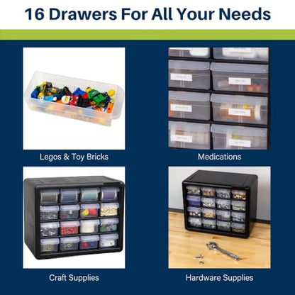 Akro-Mils 16-Drawer Plastic Drawer Storage Cabinet for Garage Organization, Beads, Makeup Organizer, Building Bricks Storage, Teacher Toolbox, 10-1/2-Inch W x 6-1/2-Inch D x 8-1/2-Inch H, 10116 White