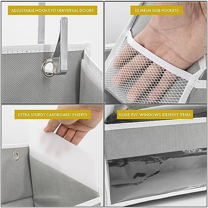 HOMELUX THEORY 1PC Heavy Duty Over the Door Organizer 55x14x6.7, 6 Large Front & 12 Side Pockets, Hanging Storage Closet Door Organizer for Bedroom, Bathroom and Baby Nursery Storage (Dark Gray)