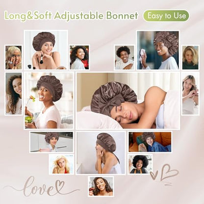 BONNET QUEEN 2Pcs Pack Silk Bonnet for Sleeping Satin Bonnet Hair Bonnet with Tie Band Sleep Bonnet Men Bonnet for Women Curly Hair Brown Champagne