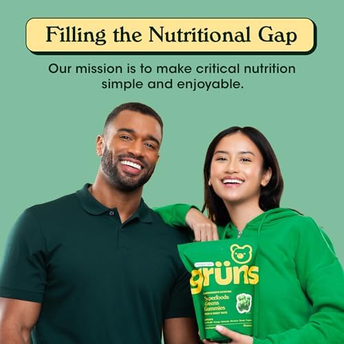 Gruns Adult Sugar-Free Super Greens Gummies, Superfood Gummy Bears with Spirulina, Chlorella, Fiber & Prebiotics for Digestive Health, Adaptogens Supplement with 20 Vitamins & Minerals, 28 Packets
