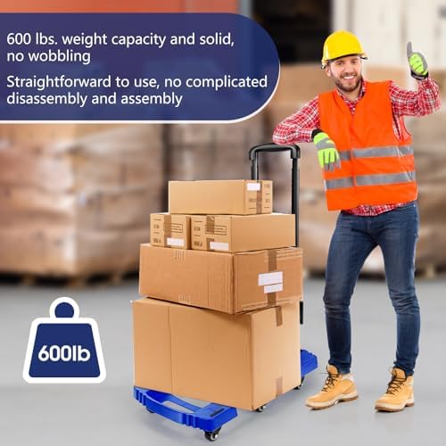 Folding Hand Truck 500lbs, Portable Heavy Duty Dolly Cart, 6 Wheels Collapsible Luggage Cart with 2 Elastic Ropes - Compact Trolley Cart for Easy Moving - Ideal Hand Cart for Travel and More