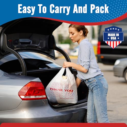 Fuxury 1000 Count Thank You Plastic Bags (12" x 6.5" x 21") White, T-shirt, Grocery, Take Out, To Go, Retail Shopping Bags in Bulk (Made in USA)