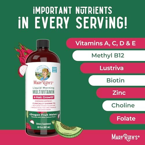 MaryRuth's Liquid Multivitamin + Hair Growth | Clinically Tested in Women for Thicker Hair & Facial Wrinkles | Biotin 10000mcg | Lustriva Hair Growth Supplements | Skin Care | Ages 18+ | 30 Fl Oz