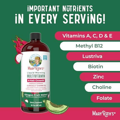 MaryRuth's Liquid Multivitamin + Hair Growth | Clinically Tested in Women for Thicker Hair & Facial Wrinkles | Biotin 10000mcg | Lustriva Hair Growth Supplements | Skin Care | Ages 18+ | 30 Fl Oz