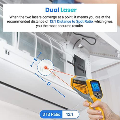 Etekcity Infrared Thermometer 1025D (Not for Human) Dual Laser Temperature Gun-58℉~1022℉ (-50℃~550℃) with Adjustable Emissivity, Non-Contact Voltage Tester (NCV), Standard Size, Yellow & Gray