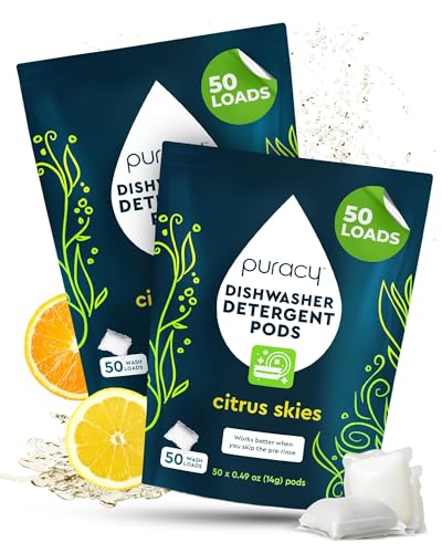 Puracy Dishwasher Pods, Natural Dishwasher Detergent, Citrus Skies Dish tabs - Enzyme-Powered, Spot & Residue Free - TikTok Trend Items, Must Haves from TikTok (Citrus Skies, 50 Count - 2 Pack)