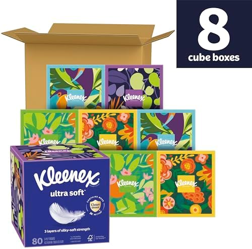 Kleenex Ultra Soft Facial Tissues, 8 Cube Boxes, 80 Tissues per Box, 3-Ply, Packaging May Vary