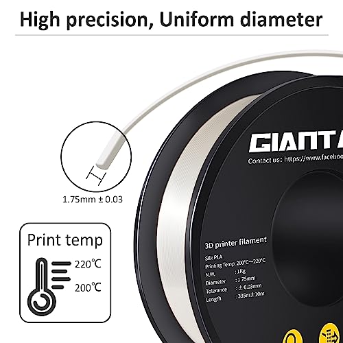 GIANTARM 3D Printer Filament, Silk White Pla Filament, 1Kg(2.2lbs) Spool, 1.75mm Dimension Accuracy +/- 0.03mm, 3D Printing Filament
