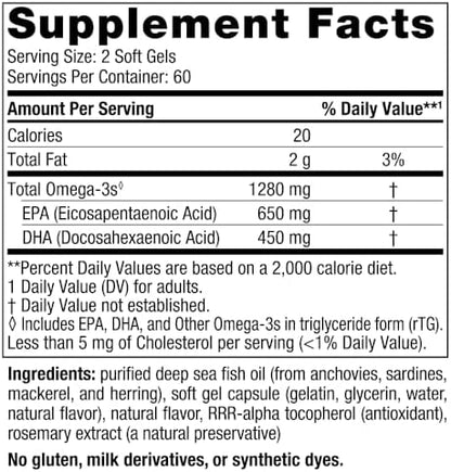 Nordic Naturals Ultimate Omega, Lemon Flavor - 120 Soft Gels - 1280 mg Omega-3 - High-Potency Fish Oil Supplement with EPA & DHA - Promotes Brain & Heart Health - Non-GMO - 60 Servings