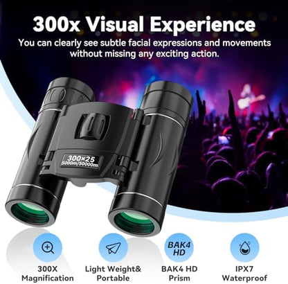 300x25 Binoculars for Adults and Kids, High Powered Mini Pocket Binoculars with Phone Adapter, Waterproof Compact Telescope for Bird Watching, Hunting, Concert, Theater, Opera, Traveling, Sightseeing