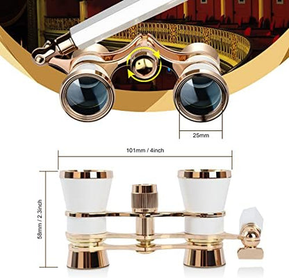 Aomekie Opera Glasses Binoculars 3X25 Theater Glasses Lorgnette Mini Binocular Compact with Handle for Adults Women in Musical Concert（White）