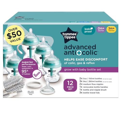 Tommee Tippee Advanced Anti-Colic 12 Piece Set, 5 oz and 9 oz BPA Free Bottles, Newborn 0+ Months, Includes Slow & Medium-Flow Breast-Like Nipples and Bottle Handles and Cleaning Brush