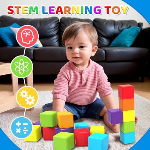 Magnetic Building Blocks, 1.65 inch Large Magnetic Stacking Cubes for Toddlers, Sensory & Montessori Toys for Boys & Girls 1 2 3 Years Old (36 PCS)