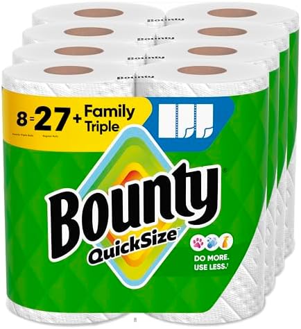 Bounty Quick-Size Paper Towels, White, 8 Family Triple Rolls = 27 Regular Rolls