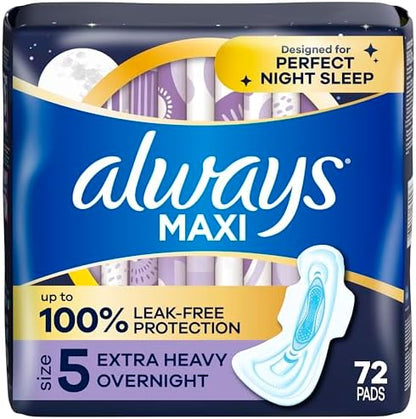 Always Maxi Overnight Pads with Wings for Women, Size 5, Extra Heavy Overnight Absorbency, Unscented, 72 Count (3 Packs of 34)