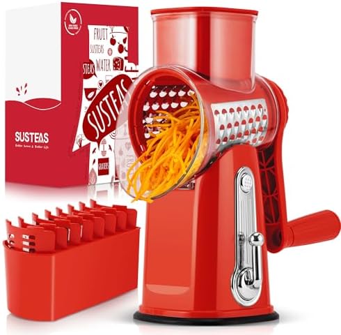 SUSTEAS Rotary Cheese Grater with Handle - Vegetable Shredder with 5 Well-designed Blades & Strong Suction Base,Round Mandoline Slicer & Food Chopper for Kitchen,with Blade Storage Box(Red)