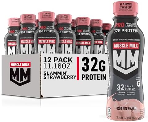 Muscle Milk Pro Advanced Nutrition Protein Shake, Slammin' Strawberry, 11.16 Fl Oz (Pack of 12), 32g Protein, 1g Sugar, 16 Vitamins & Minerals, 5g Fiber