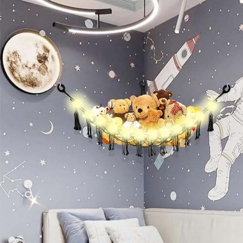 Stuffed Animal Hammock with LED Light, 2 Pack Toy Hammock for Stuffed Animals Storage for Kids, Stuffed Animal Hammock Corner, Black