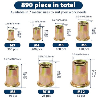 Metric Rivet Nut Assortment Kit(890 Pcs), M3 M4 M5 M6 M8 M10 M12 Flat Head Rivnut Set, Zinc Plated Finish Carbon Steel Nutsert